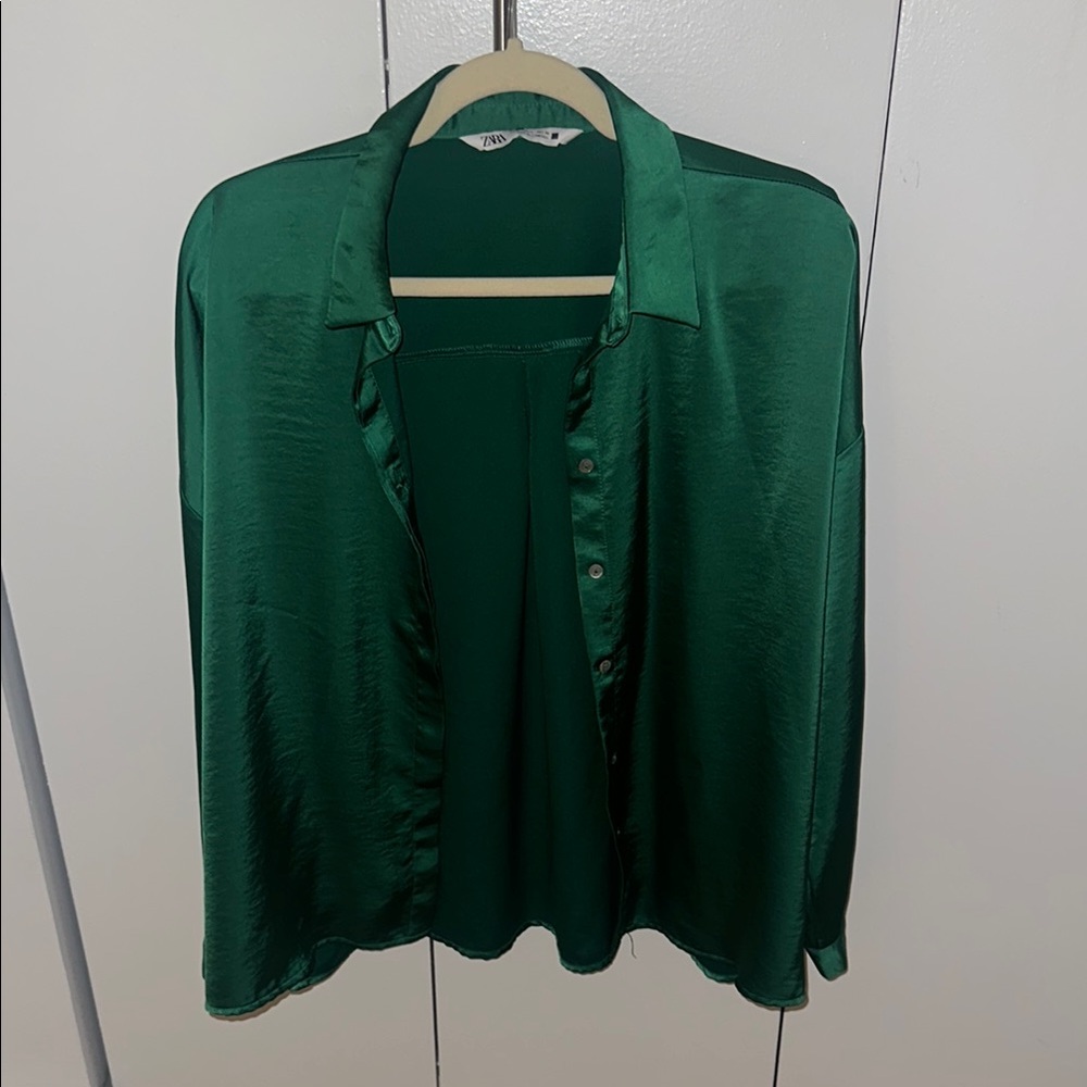 Zara Green Satin Button Down Blouse